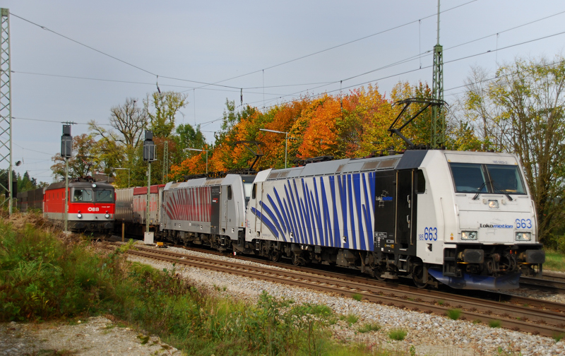 185 663-2 + 186 281-2 passieren die am Signal stehende 1144 097 in A�ling. Aufgenommen 13.10.12.
