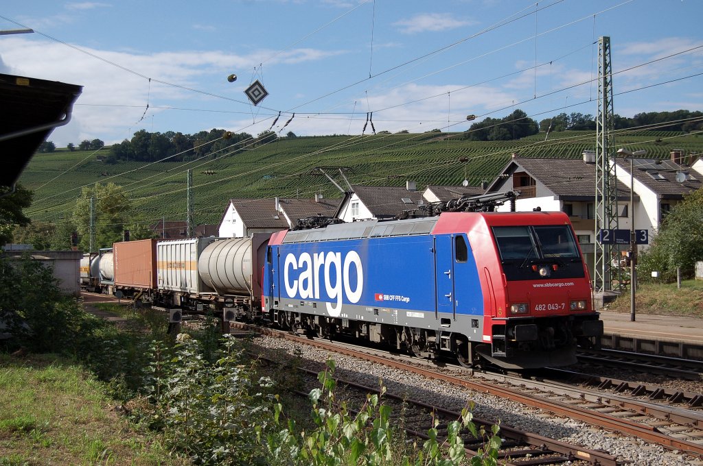 Die Baureihe 482 ist derzeit die modernste Lok der SBB.
Hier in Effringen- Kirchen konnte sie mit einem KLV. Zug abgelichtet werden.
Aufgenommen am 10.09.2010