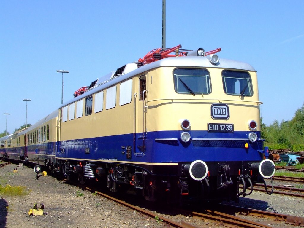 E10 1239 mit Rheingold am 14.08.2010 im Rheinisches Industriebahn-Museum (RIM) in K�ln. Die Lok ist wieder in den Anlieferzustand von 1962 zur�ckversetzt. Die Lok ist eine von den f�nf E10&acute;s die 1962 modifizierte bzw. neuentwickelte Drehgestelle bekamen, die ihnen f�r den Einsatz vor dem Rheingold eine H�chstgeschwindigkeit von 160 km/h erm�glichten.