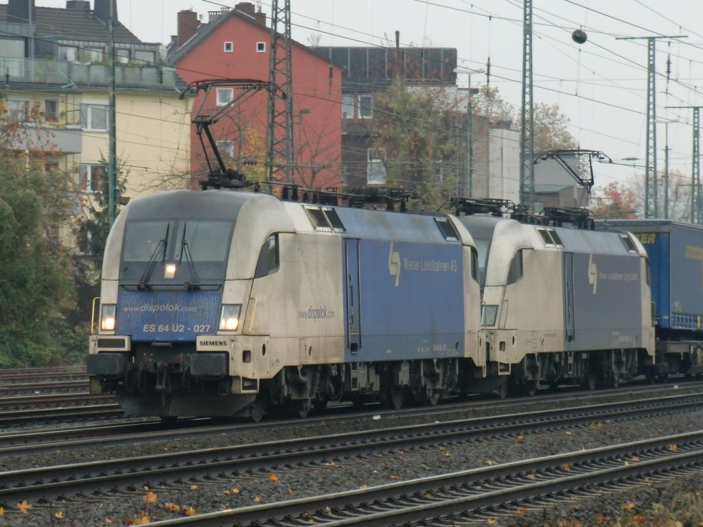 ES 64 U2-027 und 060 der WLB am 07.11.10. in K�ln West.