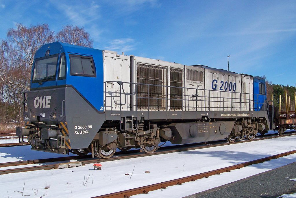 OHE 1041 steht mit einen leeren Holzzug im Bahnhof Munster (07.03.10)