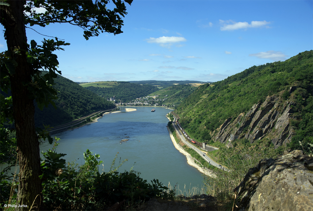 185 302-7 am 24.06.2017 mit einem KV-Zug zwischen Oberwesel und St. Goar.
