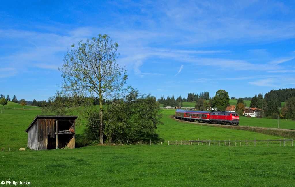 218 490-1 mit der RB 57543 von F�ssen nach Augsburg Hbf am 19.10.2013 bei Weizern-Hopferau.
