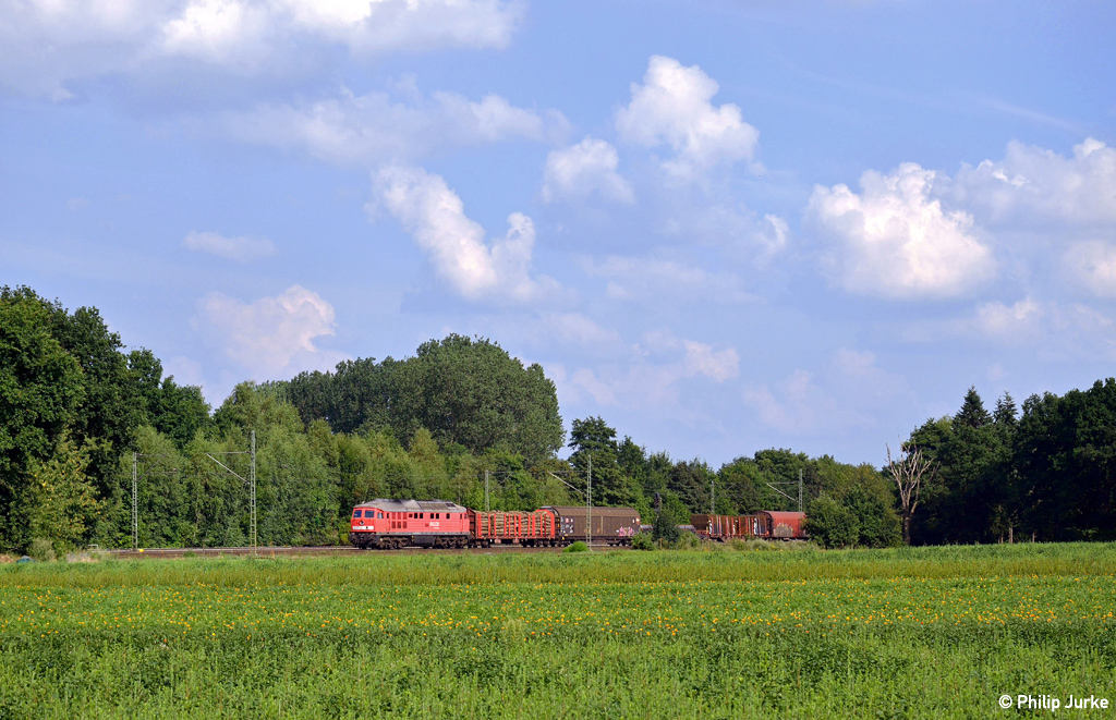 232 230-3 mit dem EZ 47416 (Maschen Rbf - Fredericia) am 28.07.2014 bei Halstenbek.
