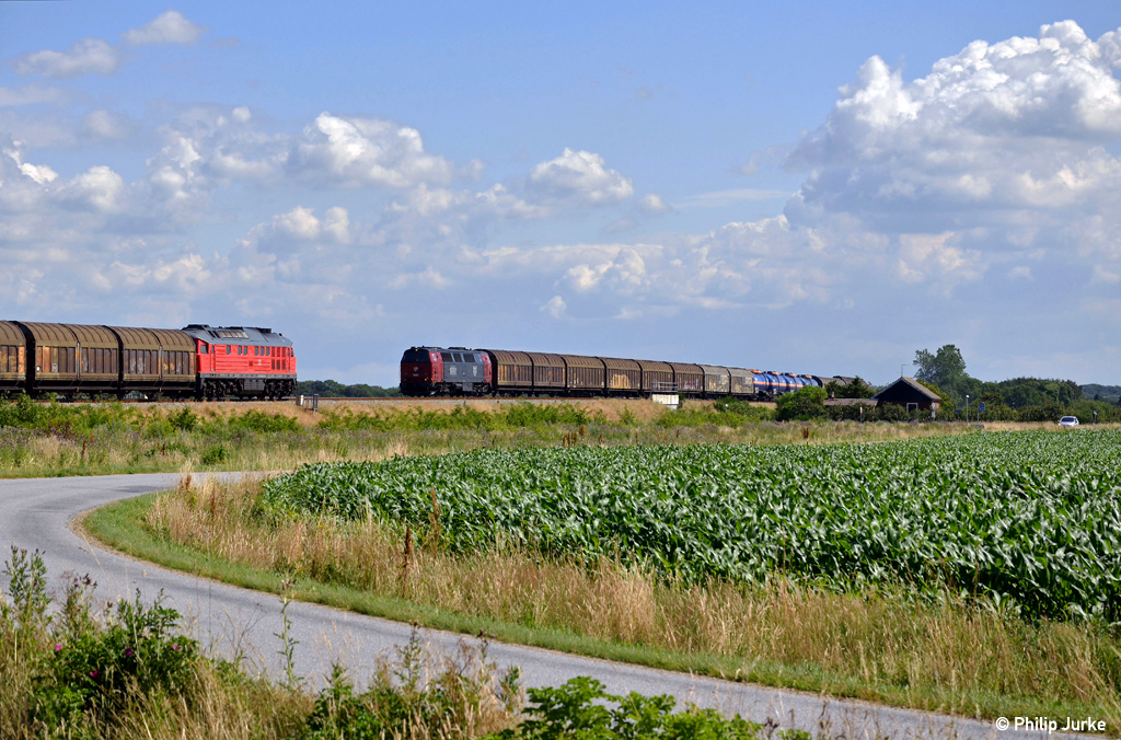 Die MZ 1425 mit dem EZ 47411 (Fredericia - Maschen Rbf) am 24.07.2015 zwischen Tjæreborg und Bramming.
