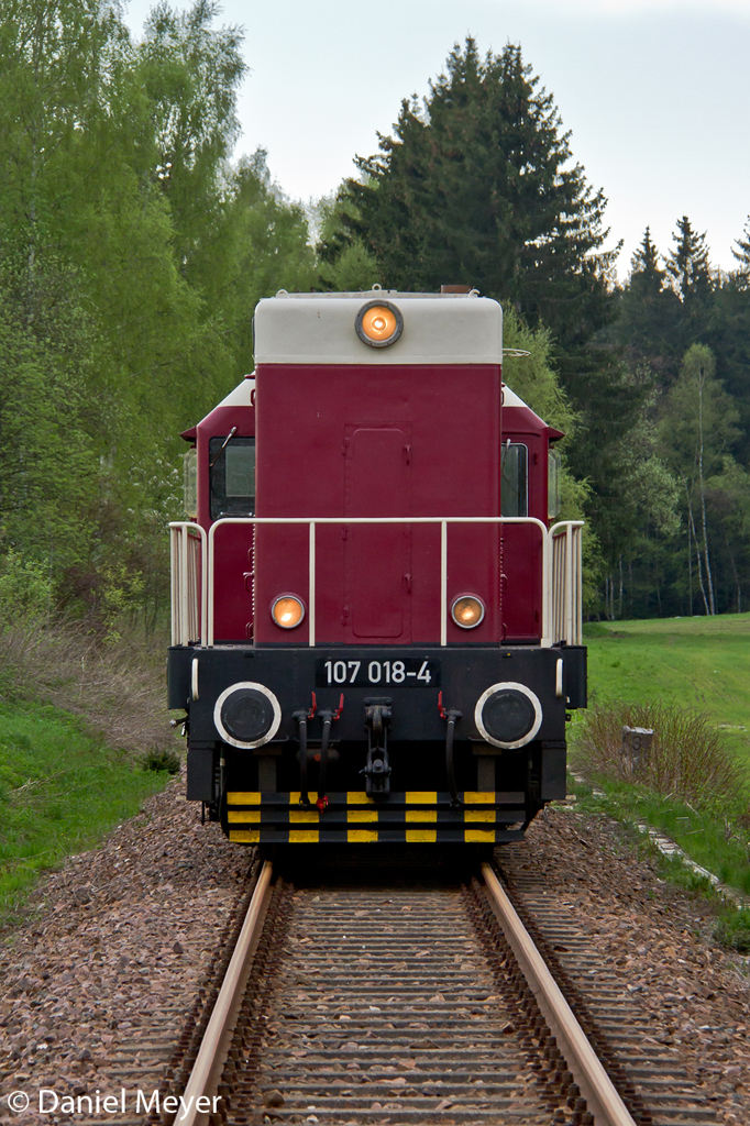 Die Railsystems 107 018-4 ( V75 018 ) mit einem Sonderzug von Schwarzenberg (Erzg.) nach Annaberg-Buchholz bei Raschau-Markersbach am 10.05.2013