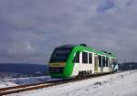 Vectus VT 202 zwischen Hattert und Hachenburg auf der Oberwesterwaldbahn am 21.02.2010 bei fast perfekten Winterwetter kurz vor dem Vorsignal von Hachenburg